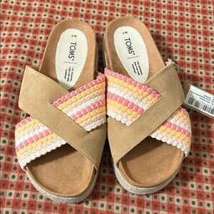 TOMS Tan and Multicolor Woven Slides